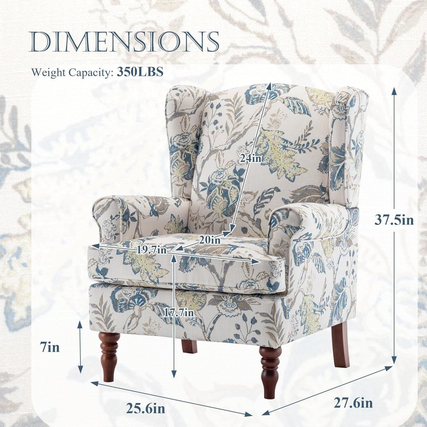 Floral Accent Chair, High Back Upholstered Armchair with Solid Legs, Leisure Single Sofa Chair for Living Room, Bedroom, Home Office, Blue Floral