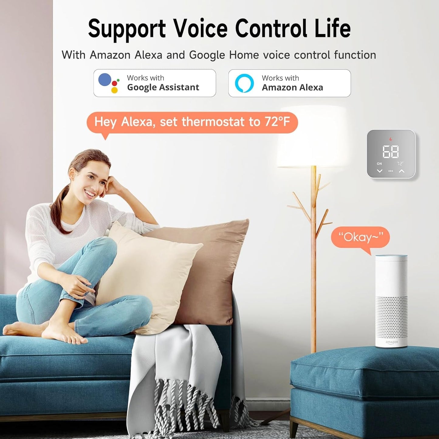 Smart Thermostat for House, Wifi Thermostat Compatible with Alexa and Google Assistant,7Day X 8Period Programmable Control Tuya/Smart Life, Energy Saving, C-Wire Require
