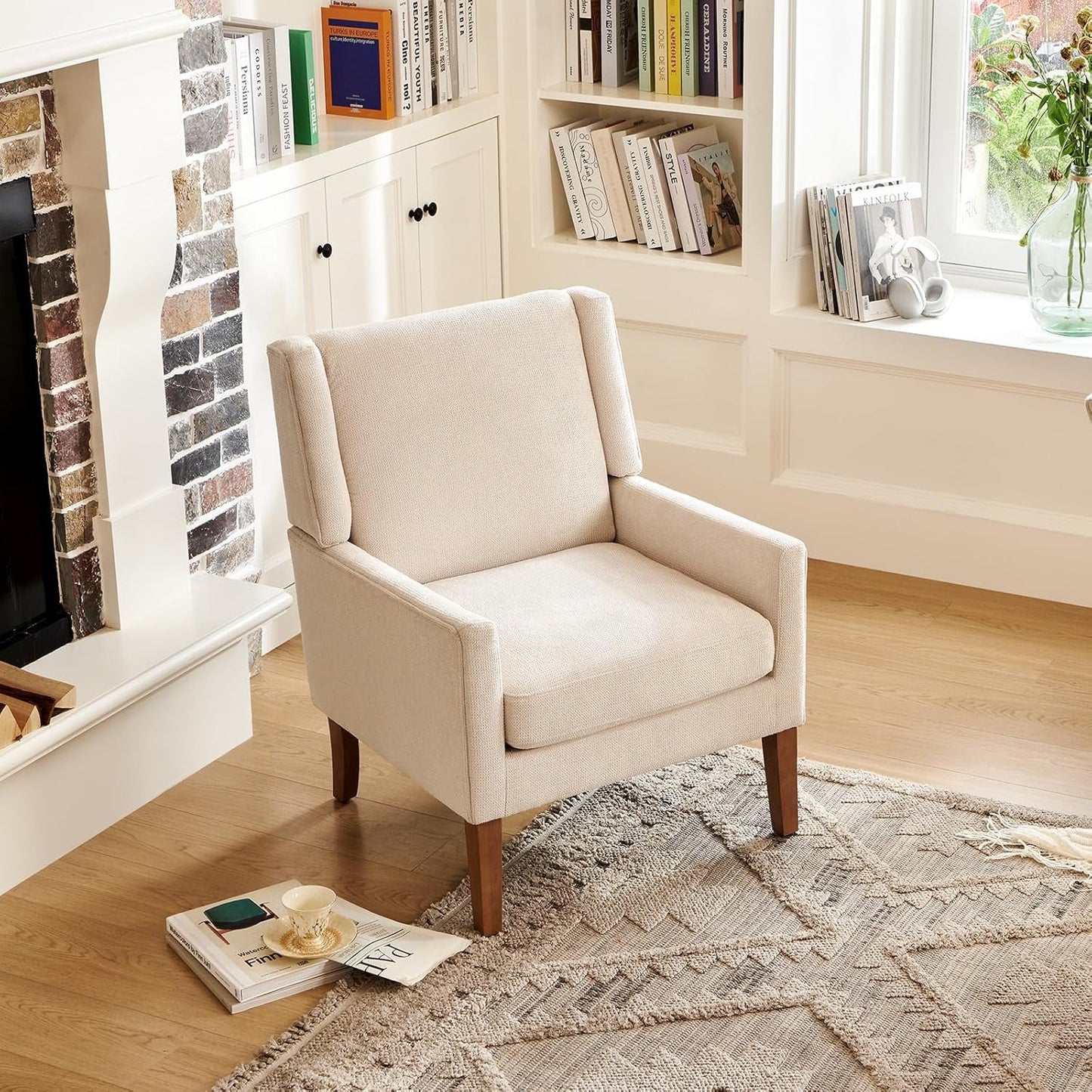 Modern Wingback Living Room Chair, Upholstered Fabric Accent Armchair, Single Sofa Chair with Lounge Seat and Wood Legs for Office/Bedroom/Reading Spaces, Beige