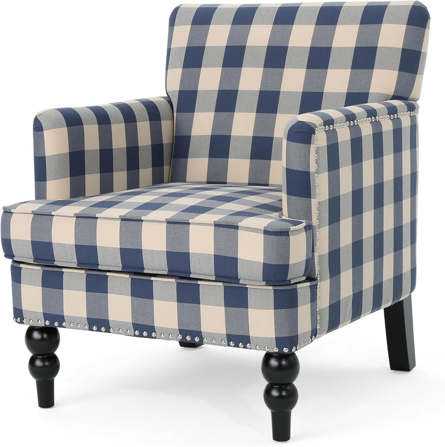 Eve Modern Upholstered Club Chair, Wooden Living Room Accent Chair, Comfy Bedroom Reading Chair, Multifunctional Armchair, Blue Checkerboard