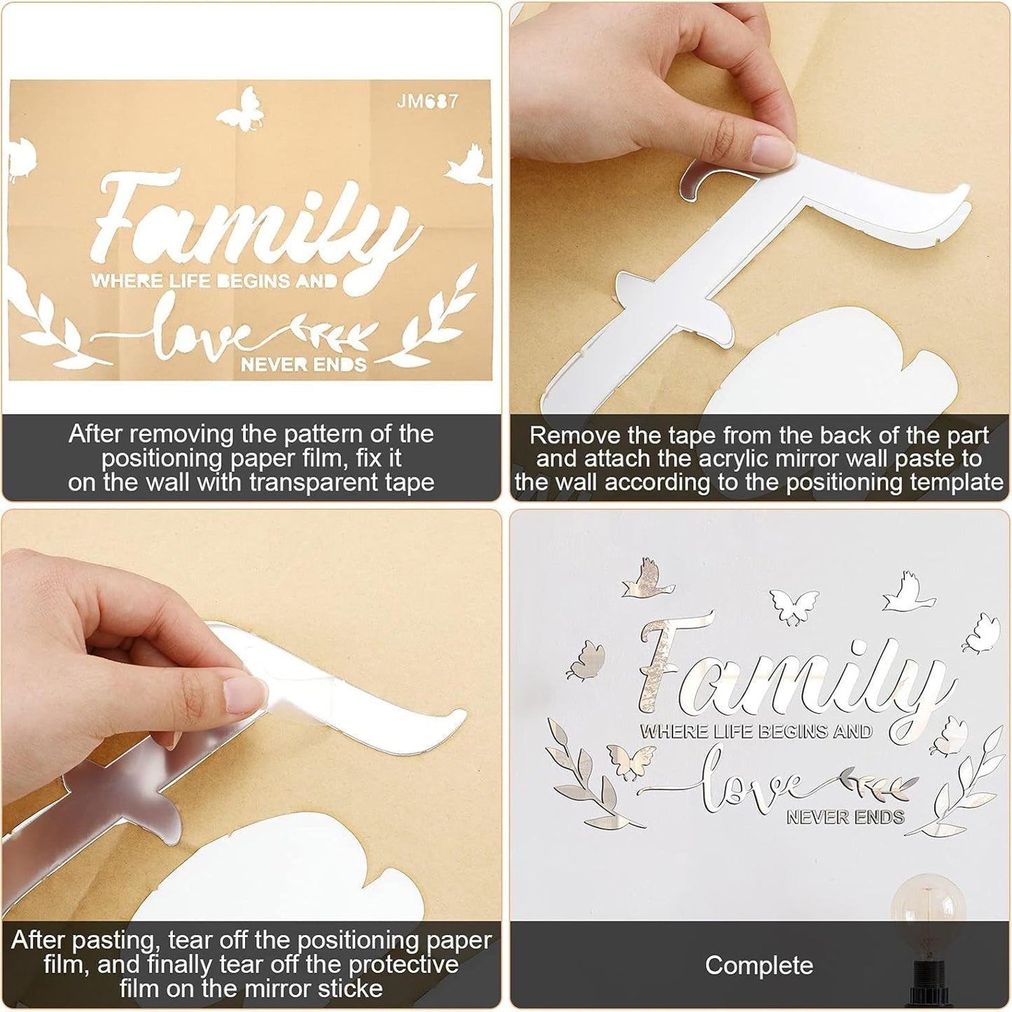 Mirror Family Wall Letter Quotes Decor 3D Acrylic Wall Decal Stickers DIY Removable Art Decals Motivational Butterfly Mural Stickers for Home Decor(Silver)