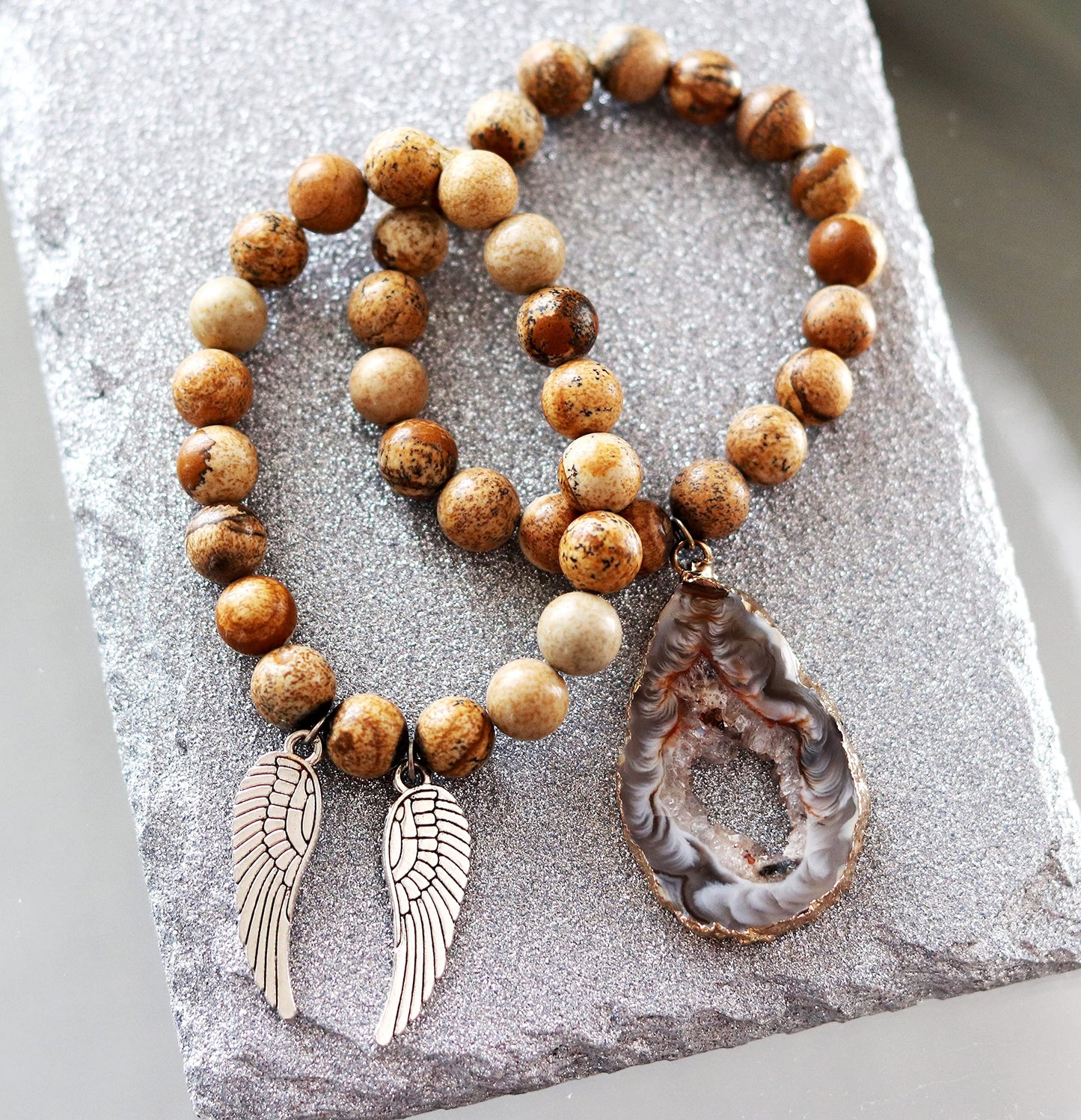 T. VICTORIA Picture Jasper Silver Guardian Angel Wings Natural Gemstone Bracelet