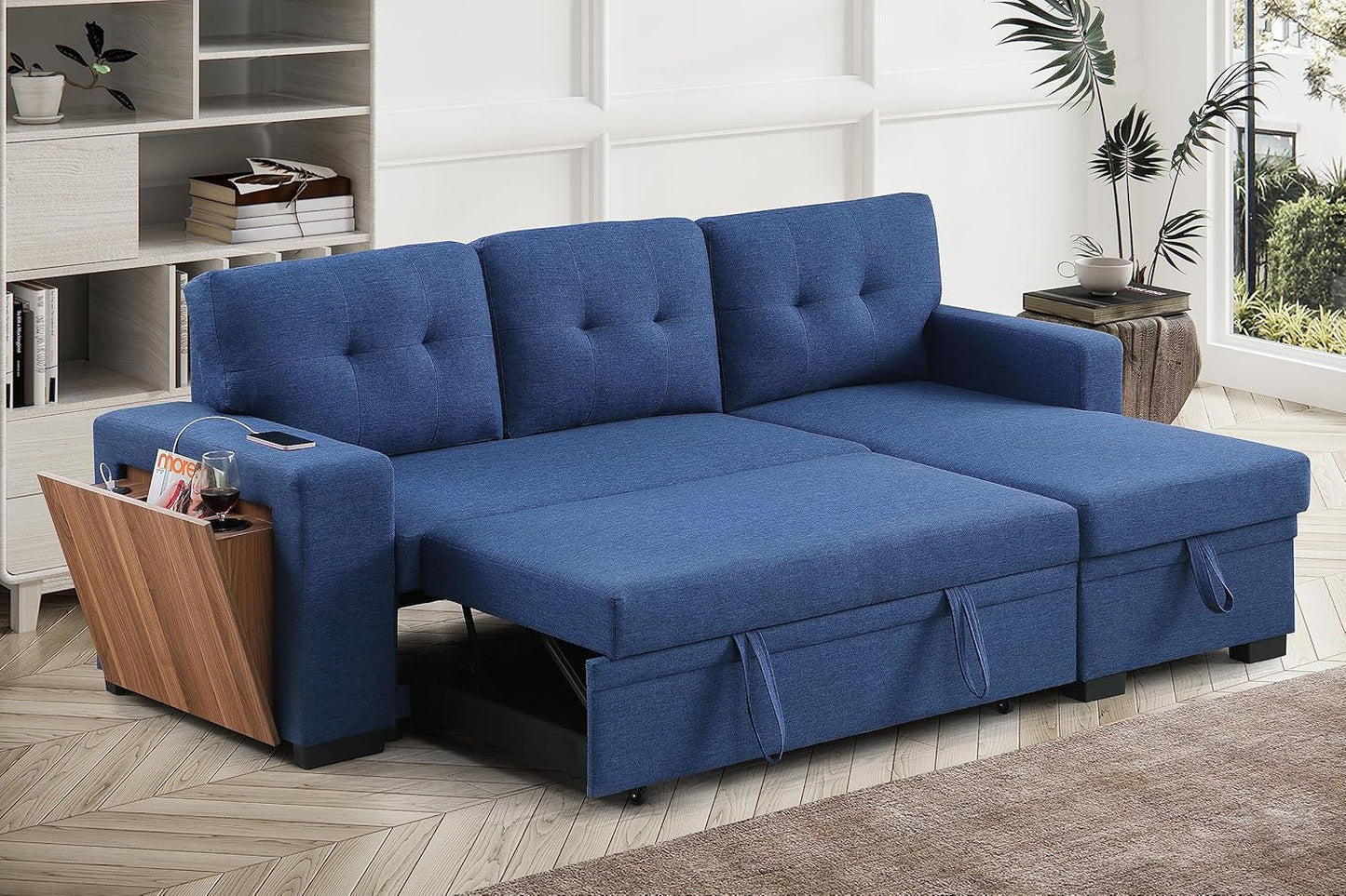 Devion Furniture Garisa 4-in-1 Convertible L Shaped Couch with Pull Out Bed and Storage, Sectional Sleeper Sofa with Reversible Chaise for Living Room, Apartment, Bedroom, Office