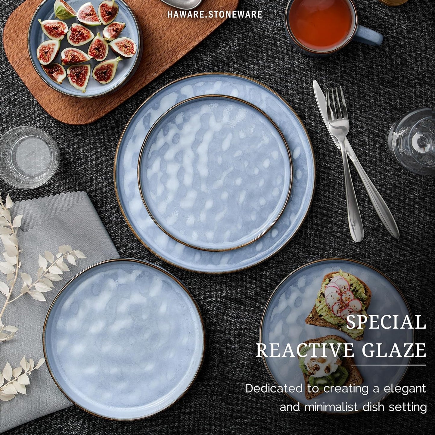 HaWare Dinnerware Sets, 24-Piece Plates and Bowls Set, Stoneware Dish Set for 8, Ceramic Dinnerware for Home Restaurant, Chip and Scratch Resistant, Microwave and Dishwasher Safe, Reactive Blue