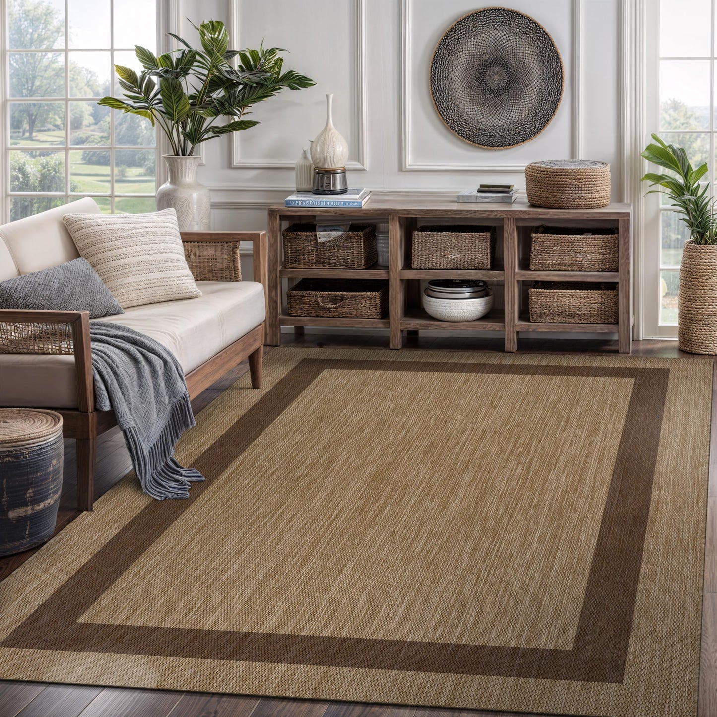 CAMILSON Outdoor Rug 8x10 - Modern Outside Rugs for Patios Porches Waterproof Durable Washable Non-Shedding, Easy-to-Clean Indoor Outdoor Area Carpet (8 x 10, Bordered - Jute)
