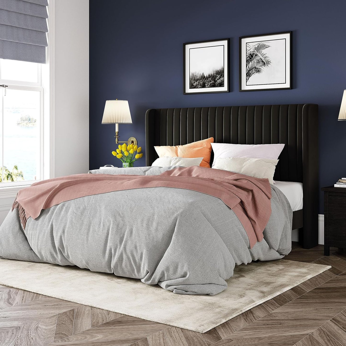 Allewie Queen Size Velvet Bed Frame/Vertical Channel Tufted Wingback Headboard/Upholstered Platform Bed/Strong Wooden Slats/No Box Spring Needed/Easy Assembly/Black