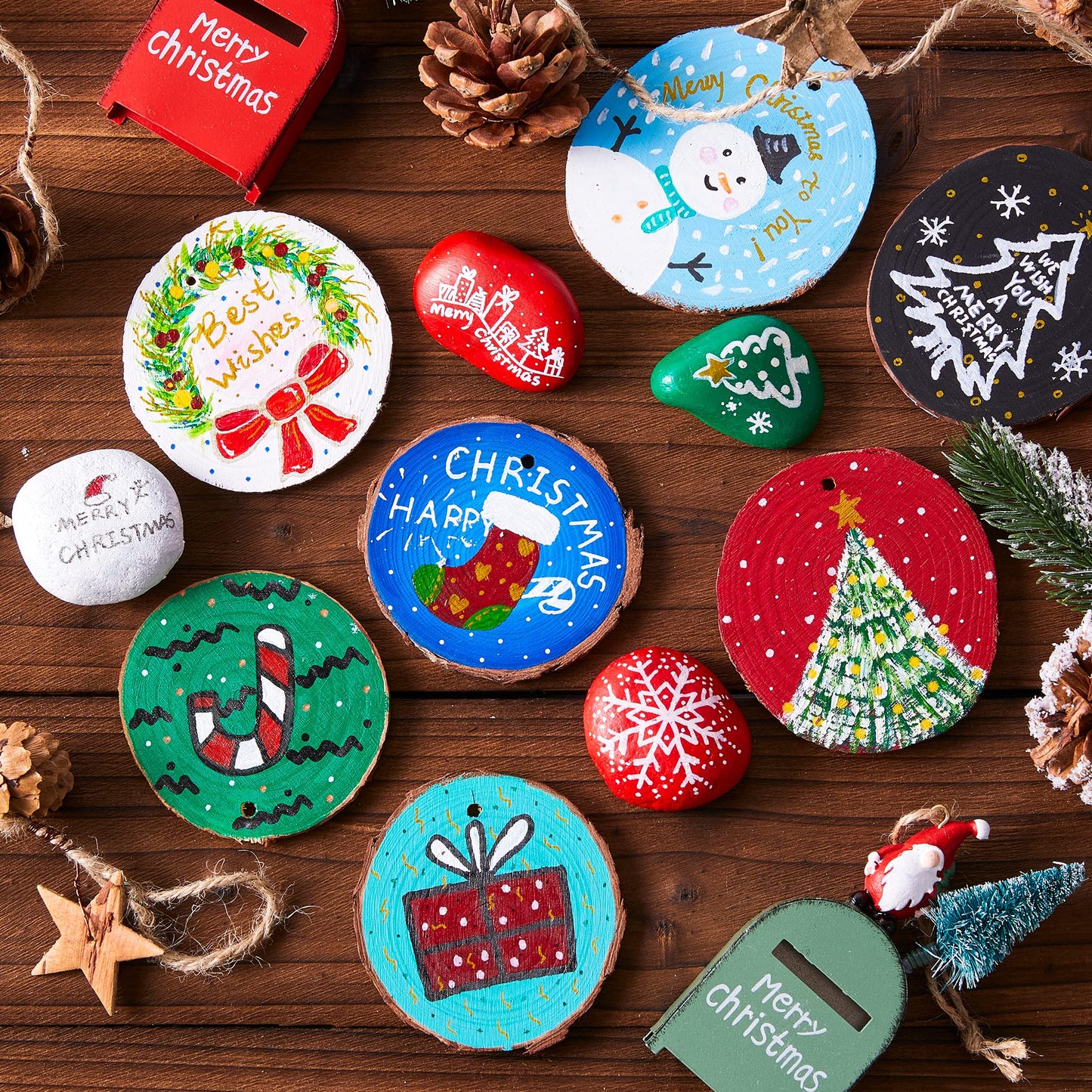 Wood Slices Kit, Shuttle Art 35 PCS Unfinished Natural Wood Slices with Pre-Drilled Hole, Acrylic Paint, Permanent Markers, Jute Twine, DIY Craft for Kids Adults Holiday Decoration Christmas Ornaments