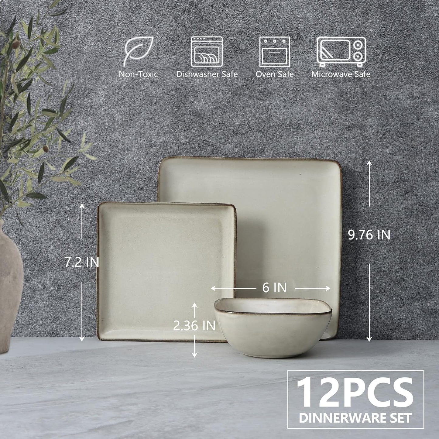 E-far Square Plates and Bowls Sets, 12-Piece Stoneware Dinnerware Sets for 4, Reactive Glaze Dish Set, Chip and Scratch Resistant, Microwave and Dishwasher Safe, Sandy Beige