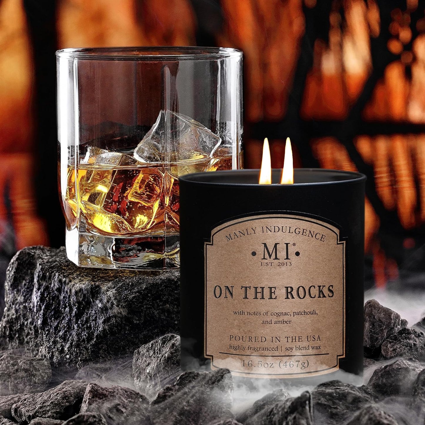 Manly Indulgence On The Rocks Scented Candles for Men, 2 Wick, 16.5 oz, Premium Soy Blend Wax, 60H Burn, Candles for Home Scented - Made in The USA
