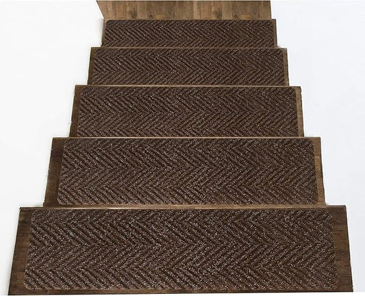 Indoor and Outdoor Carpet Stair Treads - 32" x 8" Non-Slip Stair Treads Carpet for Wooden Steps - Rubber Stair Tread Mats - Stair Rugs Anti Slip for Kids Elders and Dogs – Brown Set of 14