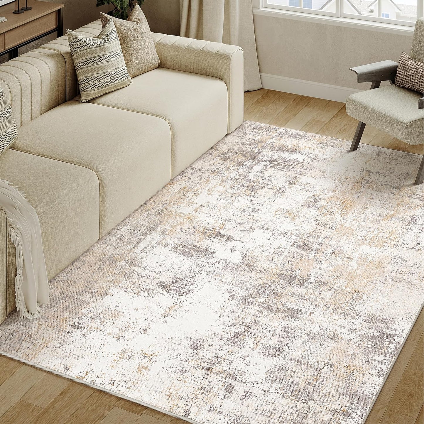 4x6 Washable Area Rug Beige Grey Neutral Abstract Entryway Kitchen Non Slip Low Pile Throw Rug Living Room Bedroom Indoor Doormat Soft Carpet for Entrance Bathroom Office