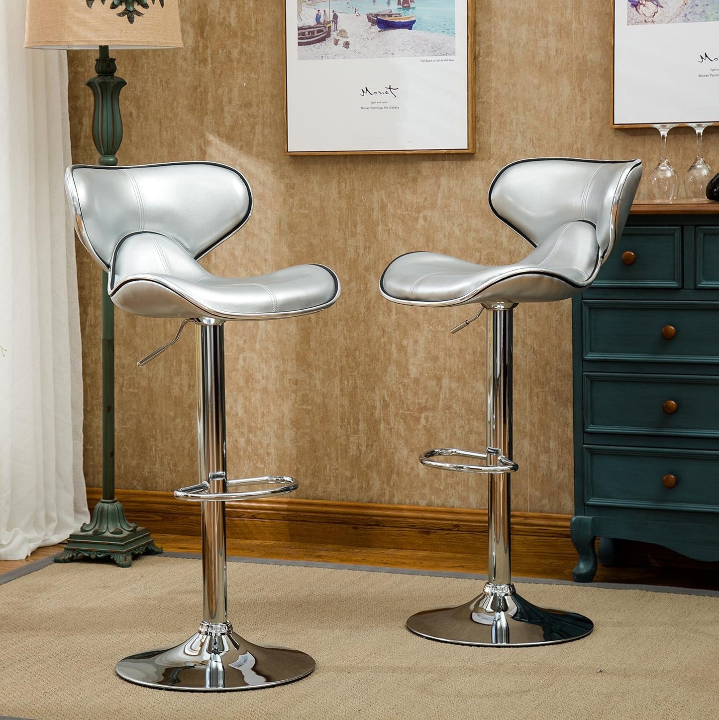 Roundhill Furniture Masaccio Cushioned Leatherette Upholstery Airlift Adjustable Swivel Barstool with Chrome Base, Set of 2, Silver