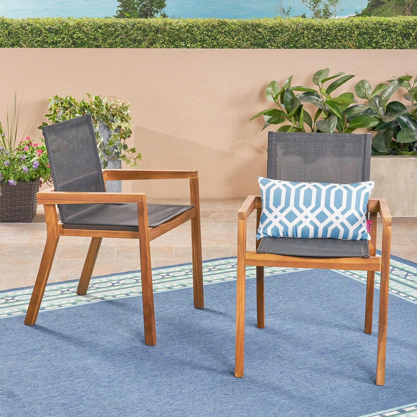 Merax Mesh Seating Solid Wood Dining Chairs Set of 2, French Country Style Accent Side Seating Furniture for Kitchen, Living Room, Textile Back,Teak