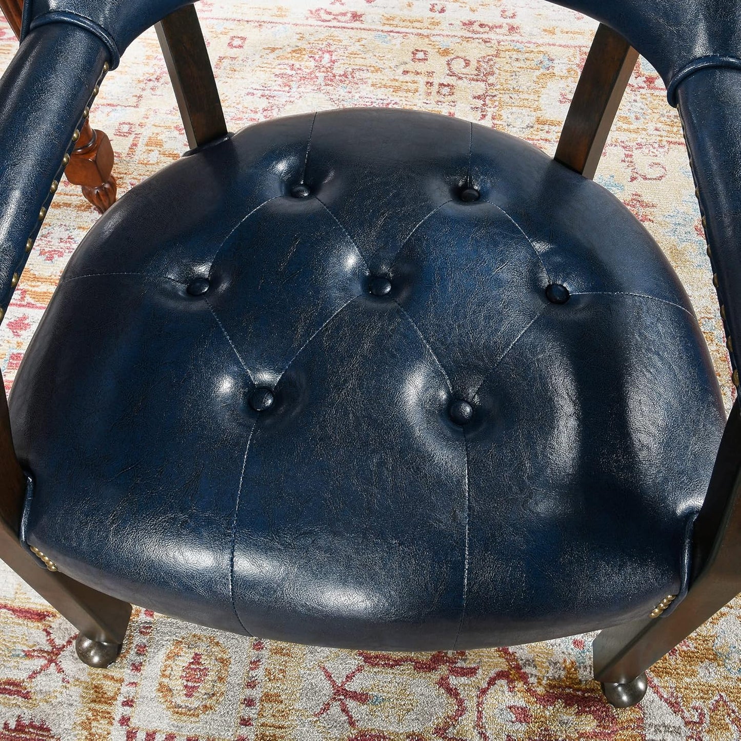 LEEMTORIG Large Dining Chairs with Casters and Arms, Rolling Dining Chairs with Wheels, Solid Wood Boss Caption's Chairs Office Desk Chairs, 26" D x 25.2" W, Espresso Legs & Dark Blue PU SY-318-LB