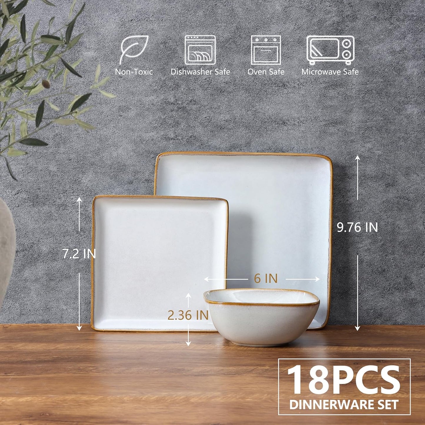 E-far Square plates and bowls Sets for 6, 18-Piece Reactive Glaze Stoneware Dinnerware Sets, Porcelain Dishware Sets for Kitchen Home, Microwave & Dishwasher Safe, Seashell White