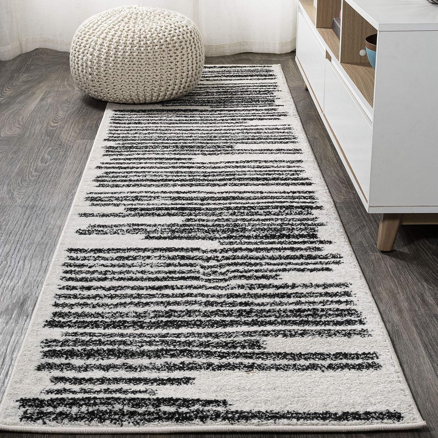 JONATHAN Y Khalil Modern Berber Stripe Cream/Black Runner Rug, 2x14, Contemporary, Bohemian, Easy-Cleaning for Living Room, Bedroom, Kitchen, Pet Friendly, Non-Shedding (MOH207A-214)