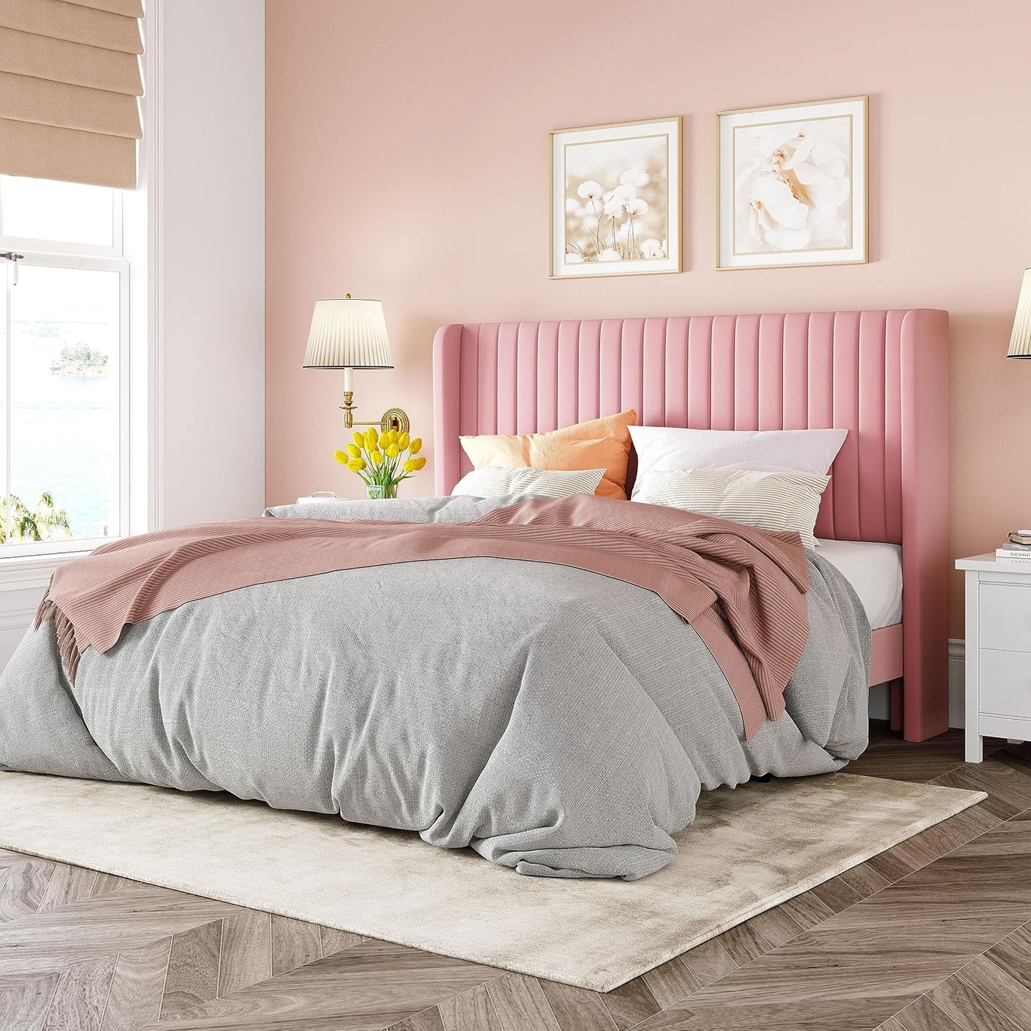 Allewie Queen Size Velvet Bed Frame/Vertical Channel Tufted Wingback Headboard/Upholstered Platform Bed/Strong Wooden Slats/No Box Spring Needed/Easy Assembly/Pink