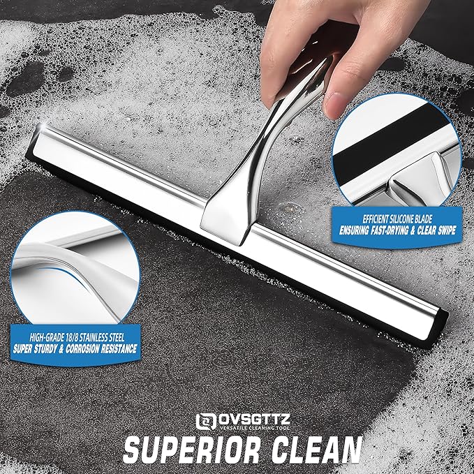 Stainless Steel Shower Squeegee for Glass, Includes 3 Adhesive Hooks, Shower Door Squeegee for Bathroom, Household Window, Car Windshield, Mirrors, Tiles Scrubber Clear, 12 inch, Silver