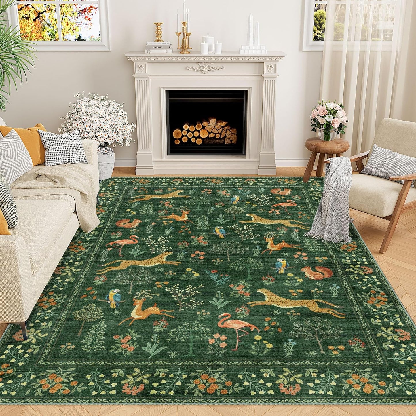 DUKINO 5x7 Rug, Washable Animal Living Room Rug with Non Slip Vintage Design, Soft Low Pile Large Carpet for Bedroom, Nursery, Dining Room, Farmhouse, Playroom, Green