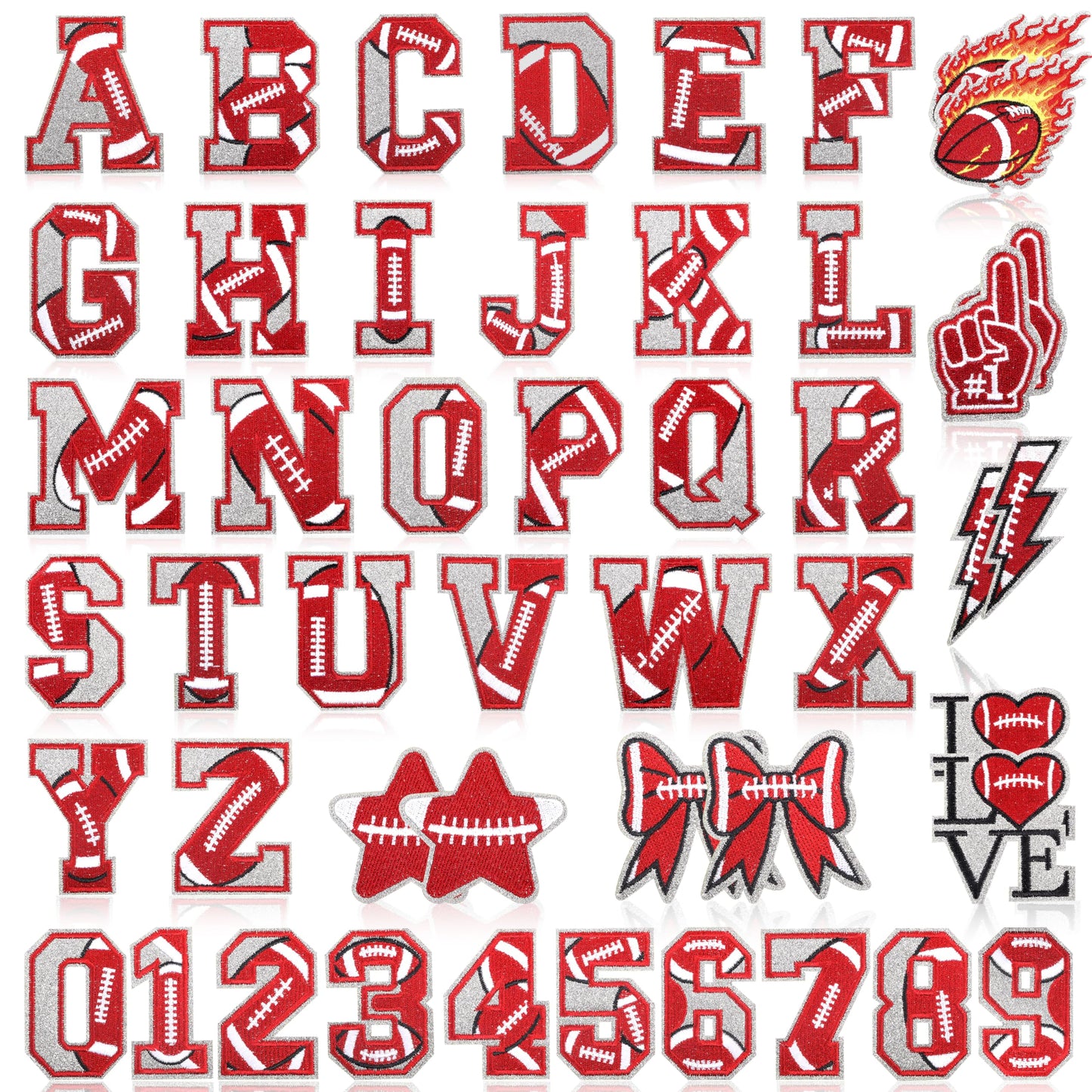 Meneng Football Iron On Letters Patches: 48PCS Glittering Embroidered Appliques A-Z Alphabet and 0-9 - Football DIY Crafts for Customizing Clothing Jackets Backpacks Hats Jerseys Name Number