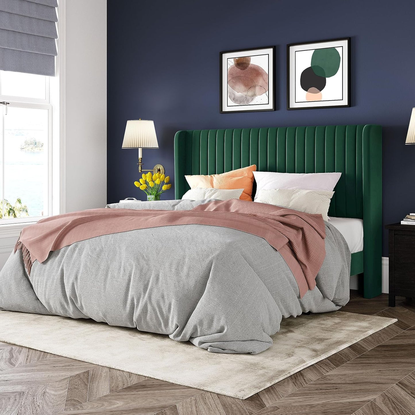 Allewie Queen Size Bed Frame/Velvet Upholstered Platform Bed/Vertical Channel Tufted Wingback Headboard/Strong Wooden Slats/No Box Spring Needed/Easy Assembly/Green