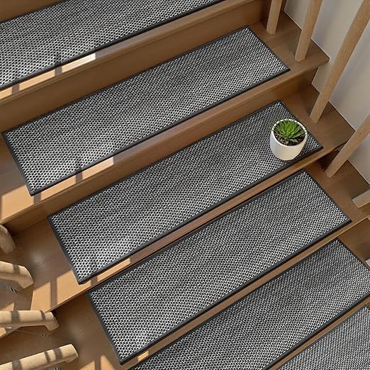 Natural Linen Stair Treads for Wooden Steps, 15 Pcs 8" x 30",Non Slip Stair Runner, Peel and Stick Carpet Indoor for Kids Elders and Pets (15, Black, 8" x 30")