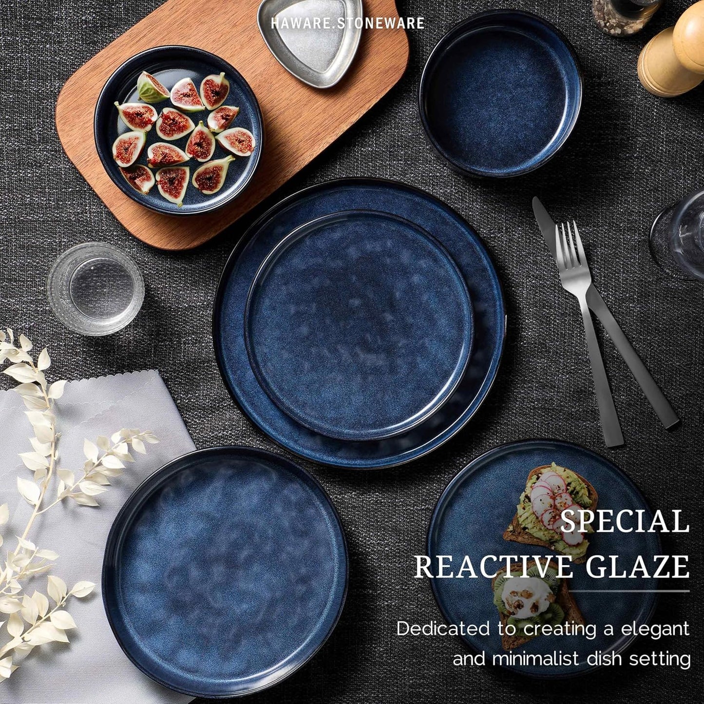 HaWare Dinnerware Sets, 24-Piece Plates and Bowls Set, Stoneware Dish Set for 8, Ceramic Dinnerware for Home Restaurant, Chip and Scratch Resistant, Microwave and Dishwasher Safe, Reactive Starry Blue