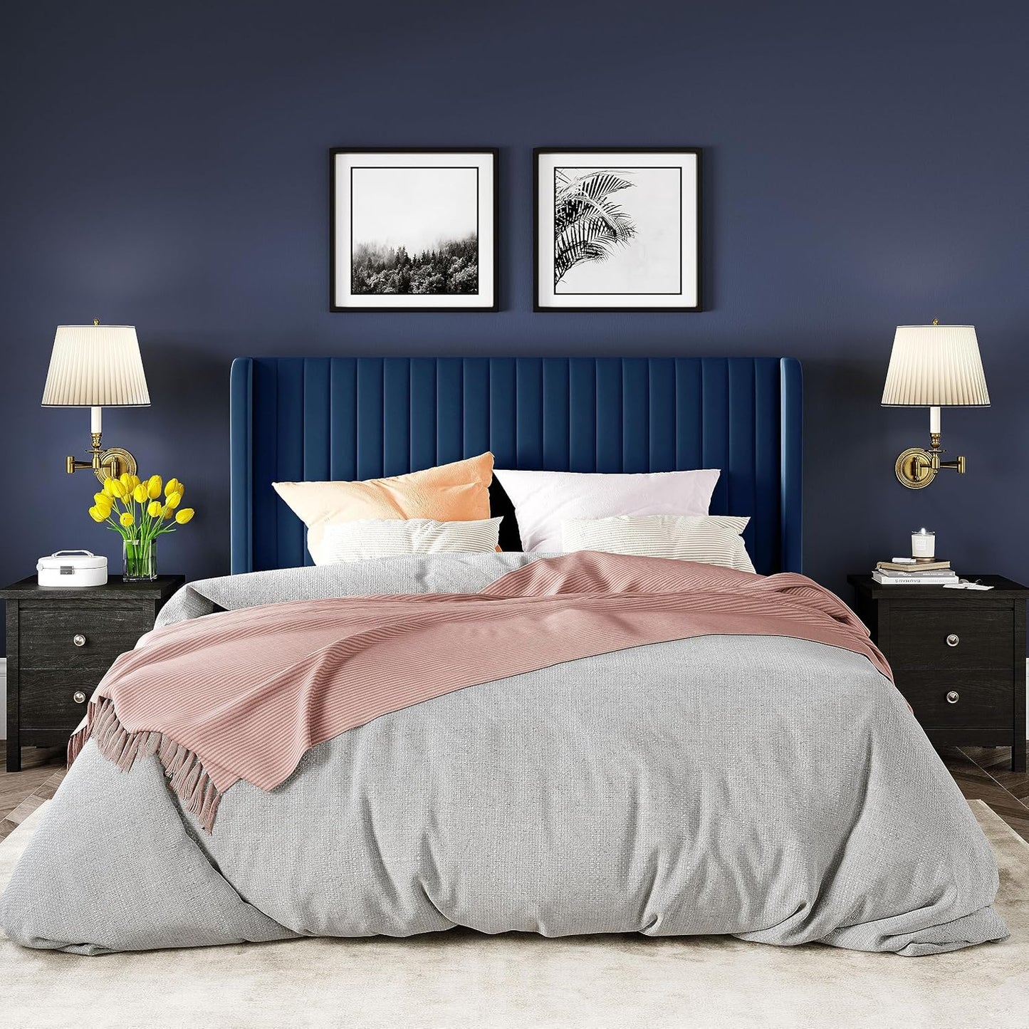 Allewie Full Size Velvet Bed Frame/Vertical Channel Tufted Wingback Headboard/Upholstered Platform Bed/Strong Wooden Slats/No Box Spring Needed/Easy Assembly/Blue