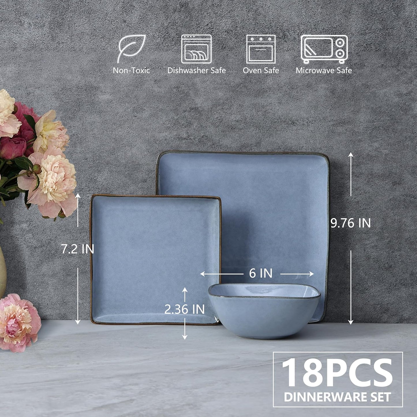 E-far Square plates and bowls Sets for 6, 18-Piece Reactive Glaze Stoneware Dinnerware Sets, Porcelain Dishware Sets for Kitchen Home, Microwave & Dishwasher Safe, Ocean Blue