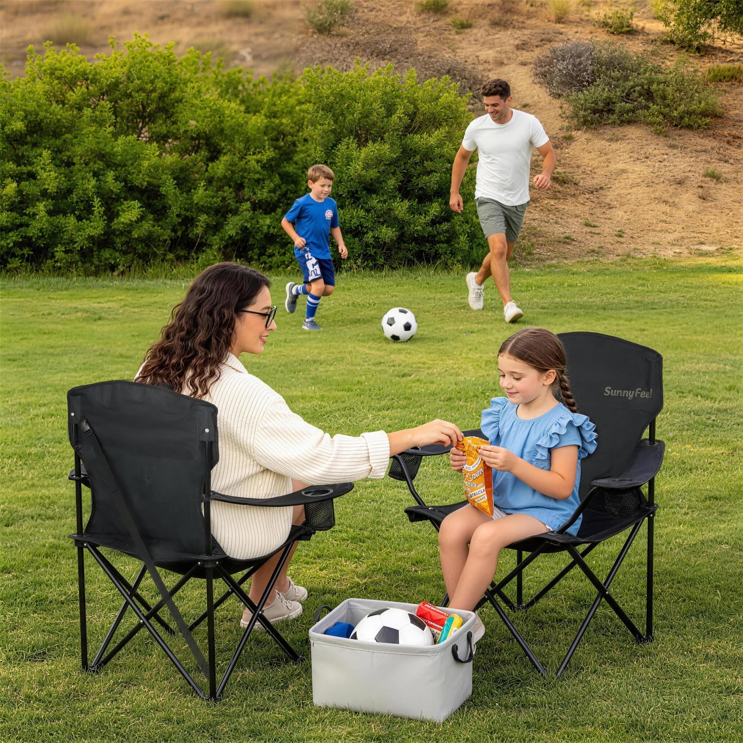 SUNNYFEEL Portable Camping Chair with Side Pockets & Cup Holder 300LBS Capacity Padded Portable Outdoor Chair, Carry Bag Included, Great for Camping, Tailgating, Firepits, Patio, & More Black