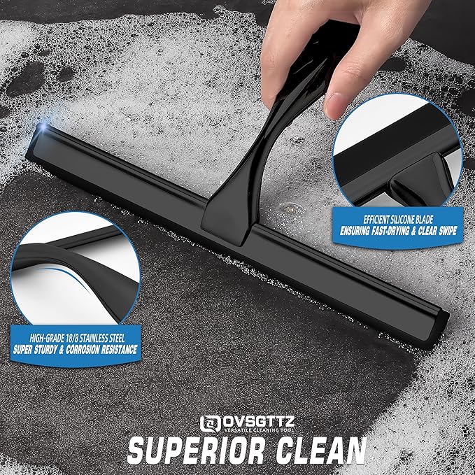Stainless Steel Shower Squeegee for Glass, Includes 3 Adhesive Hooks, Shower Door Squeegee for Bathroom, Household Window, Car Windshield, Mirrors, Tiles Scrubber Clear, 12 inch Black