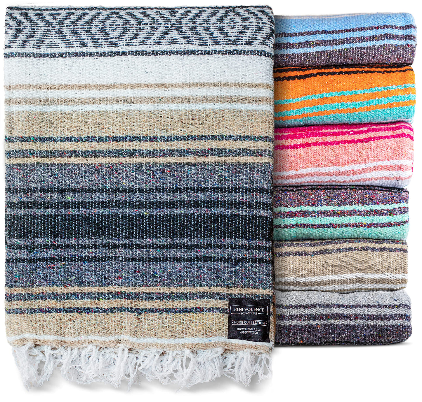 Benevolence LA Authentic Handwoven Mexican Blanket | Yoga Blankets, Outdoor, Picnic, Beach, Camping | Equestrian Saddle | Serape 50x70 inches - Sand, Pack of 1