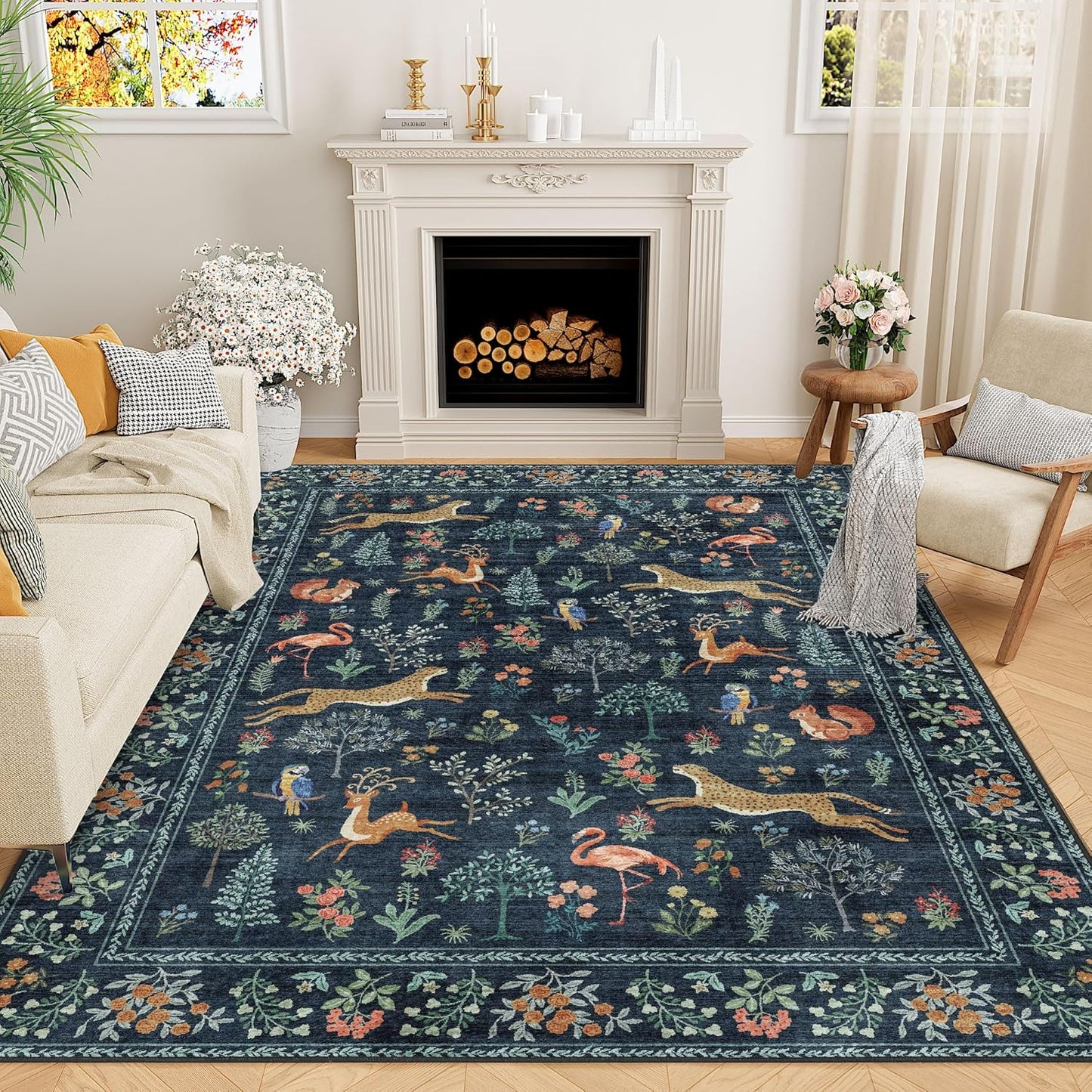 DUKINO 9x12 Rug, Washable Animal Living Room Rug with Non Slip Vintage Design, Soft Low Pile Large Carpet for Bedroom, Nursery, Dining Room, Farmhouse, Playroom, Navy Blue