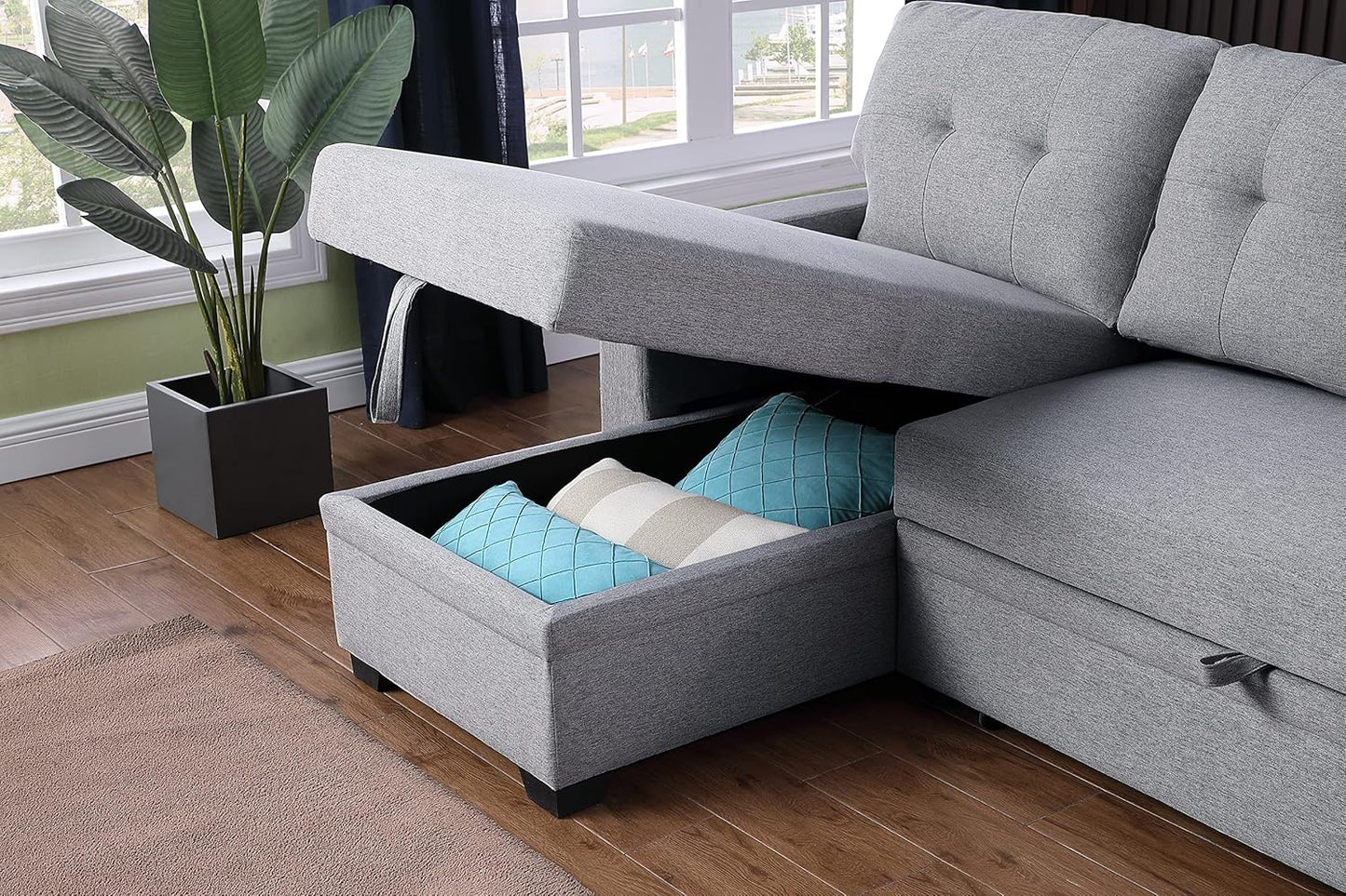 Devion Furniture Meridian 4-in-1 Convertible L Shaped Couch with Pull Out Bed and Storage, Sectional Sleeper Sofa with Reversible Chaise for Living Room, Apartment, Bedroom, Office