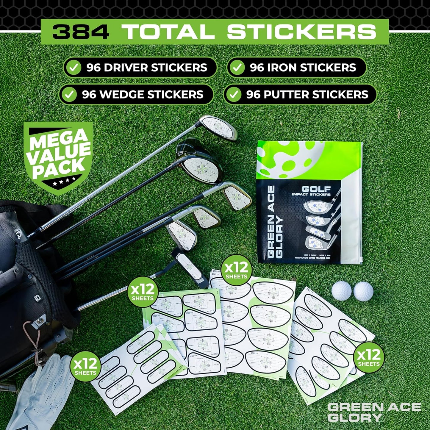 Golf Impact Tape - 384 or 160 Golf Impact Stickers - Impact Tape for Golf Clubs for Drivers, Woods, Irons, Putters | Great Golf Aid - No Residue Golf Stickers, Easy Peel Golf Tape for Perfect Shots