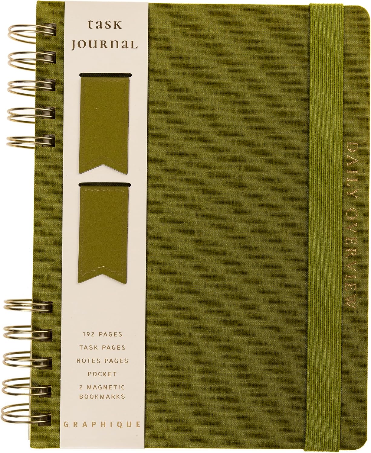 Daily Task Journal by Graphique Luxe Collection, Fabric-Wrapped Hardcover Spiral Notebook for Planning & Writing, Priority List Planner with Magnetic Bookmarks & Gold Foil Embossing,192 Pages, 6” x 8”, Olive Green