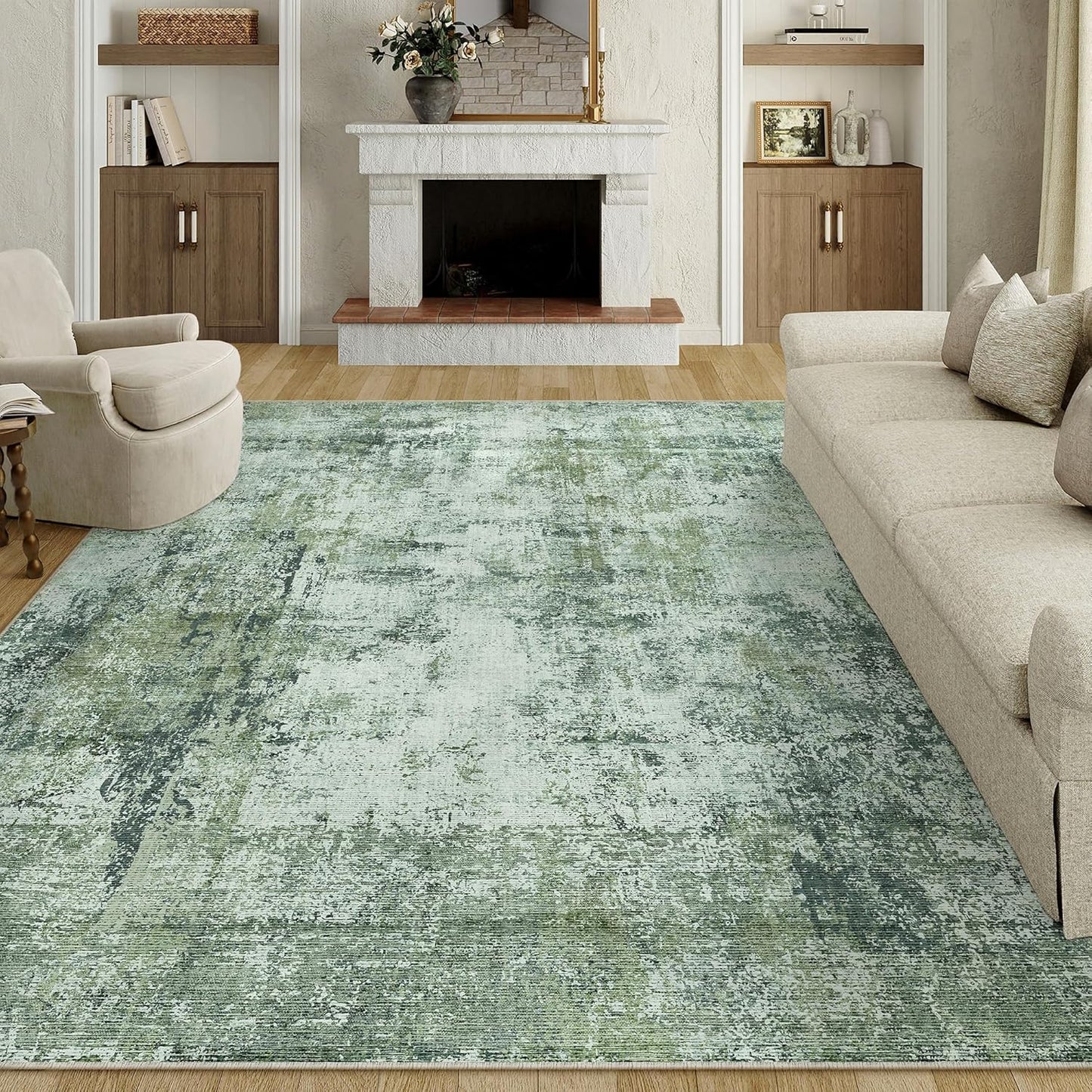 9x12 Area Rug Dark Green Modern Neutral Abstract Living Room Bedroom Indoor Floor Carpet Low Pile Soft Non-Slip Lightweight Vacuumable Washable Large Throw Rug for Nursery Dining Room