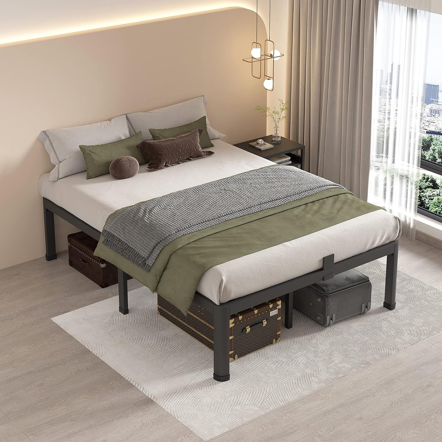 MAF 20 Inch Queen Size Bed Frame with Round Corner Legs Mattress Slide Stopper No Box Spring Needed Heavy Duty Metal Platform Bed Frames Under-Bed Storage Space, 3000 LBS Steel Slats Support
