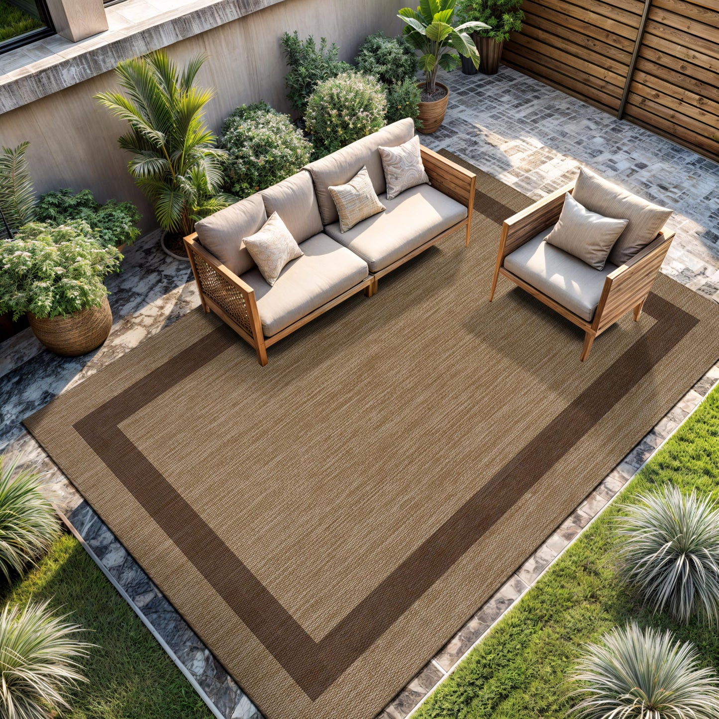 CAMILSON Outdoor Rug 8x10 - Modern Outside Rugs for Patios Porches Waterproof Durable Washable Non-Shedding, Easy-to-Clean Indoor Outdoor Area Carpet (8 x 10, Bordered - Jute)