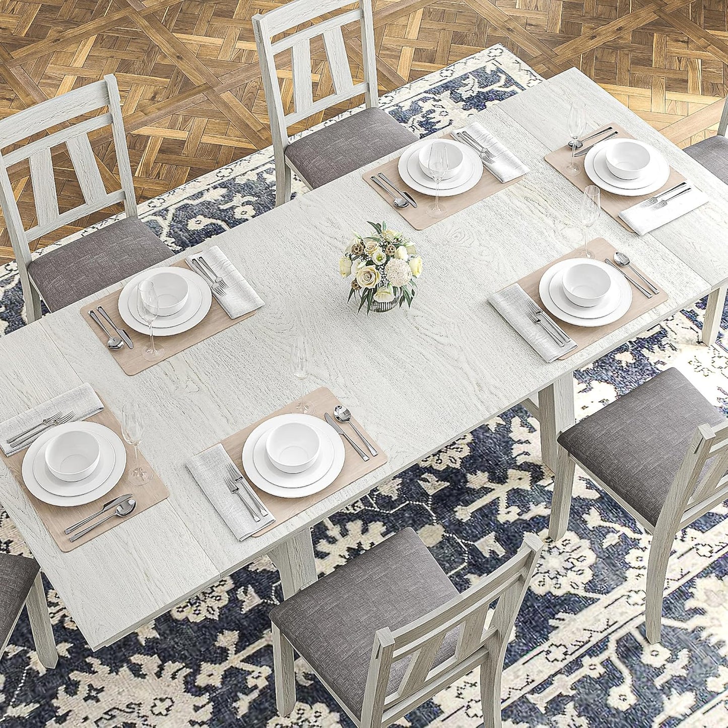 Wood Dining Table Set for 6, Modern Breakfast Dinette Kitchen Table with Chairs for Dining Room, Kitchen, Grey
