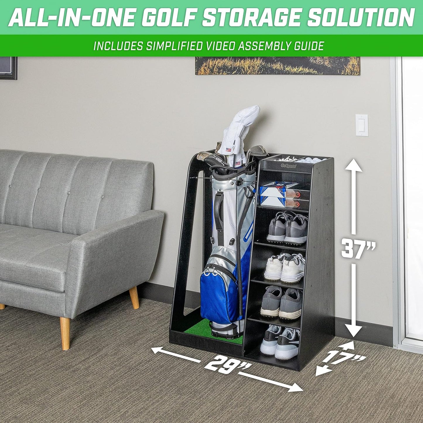 GoSports Premium Wooden Golf Bag Organizer and Storage Rack - Black, White or Brown Finish