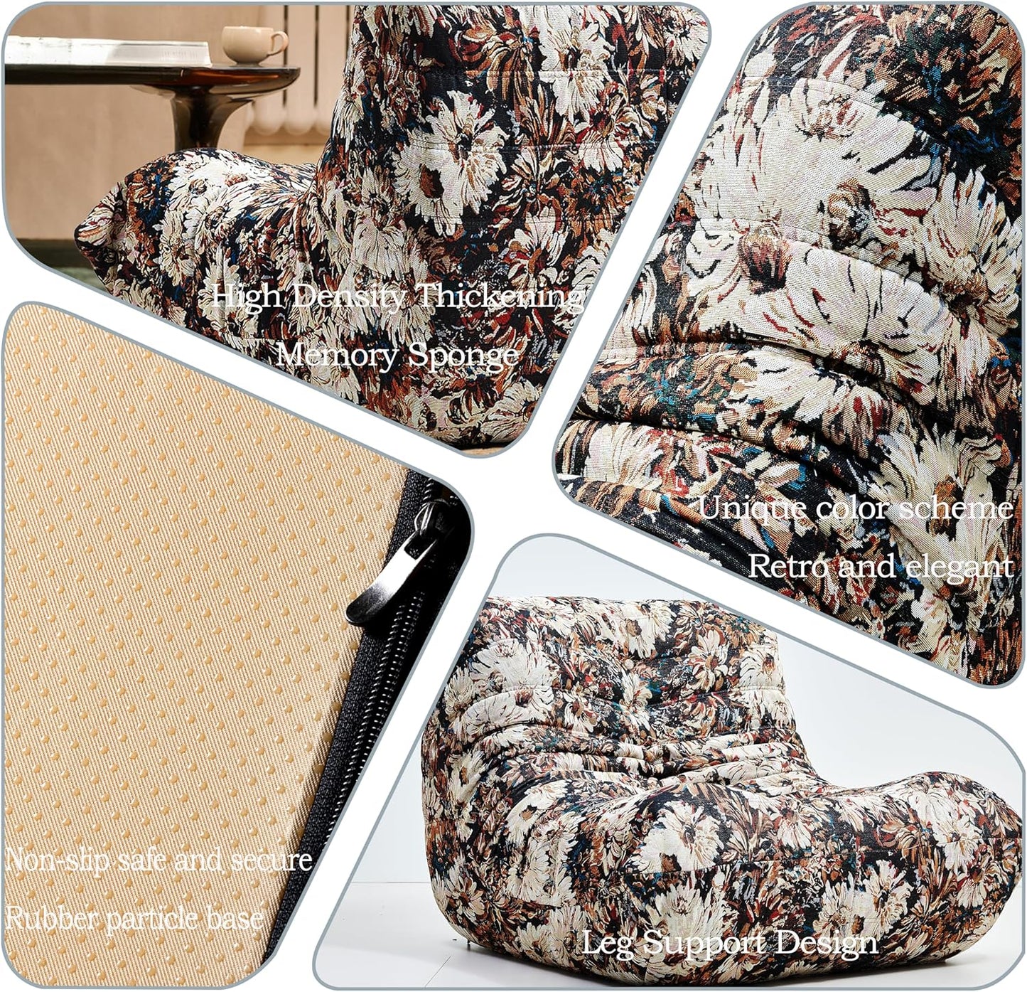 CXC Fireside Chair, Gaming Chair Floor, Large Bean Bag Chairs for Adults, Memory Sponge Lazy Sofa, Ergonomic Design Comfy Couch for Living Room丨 Bedroom丨 Office丨(Happy Flower-Brown, Linen)