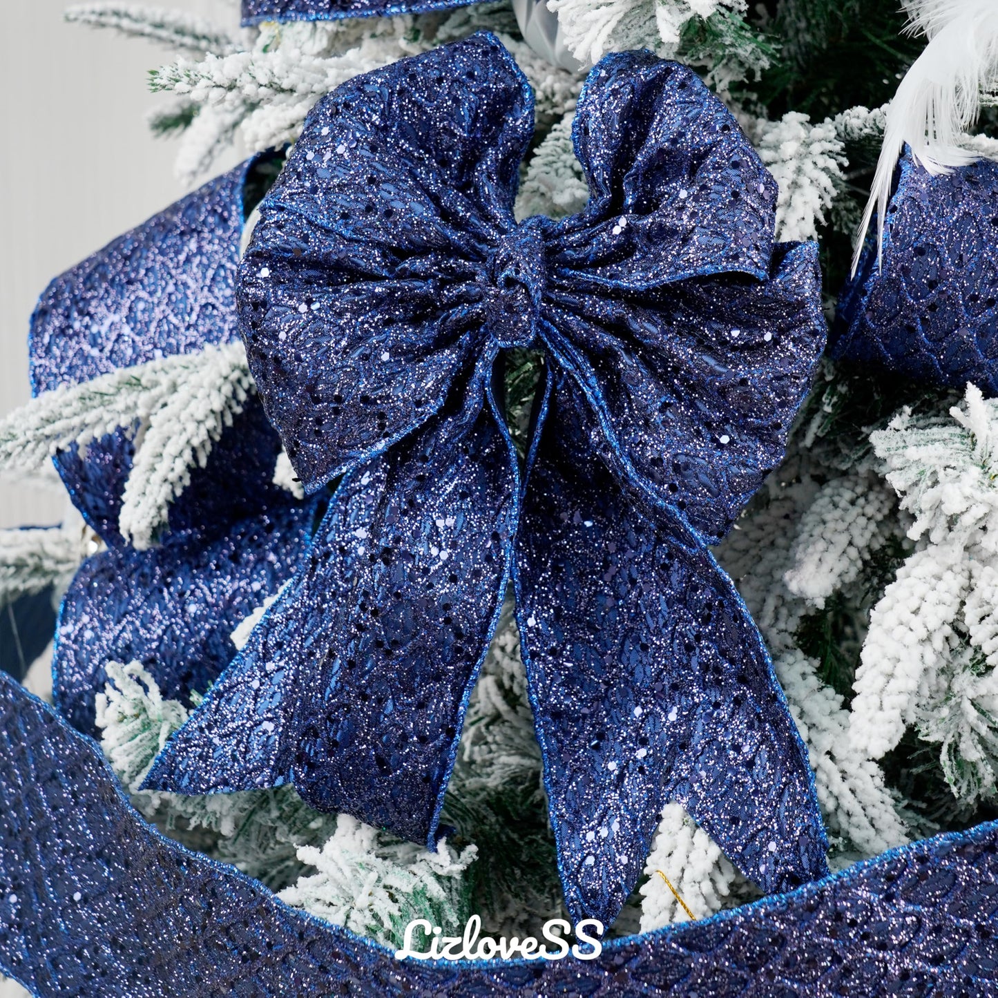 LIZLOVESS Navy Blue Christmas Ribbon 4" Glitter Mesh Wired Ribbon for Christmas Tree Blue Diamond Honeycomb Ribbon for Gift Wrapping, Crafts, Wreath Supplies, Garland, Tree Topper Bows - 10 Yards