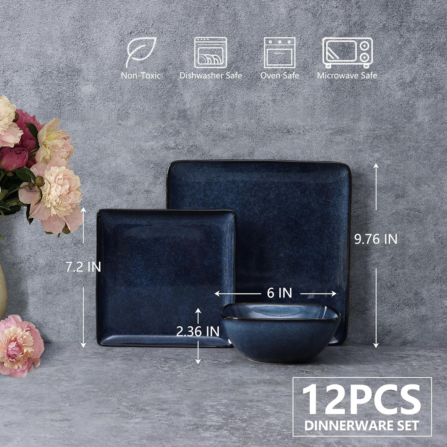E-far Square Plates and Bowls Sets, 12-Piece Stoneware Dinnerware Sets for 4, Reactive Glaze Dish Set, Chip and Scratch Resistant, Microwave and Dishwasher Safe, Deep Sea Blue