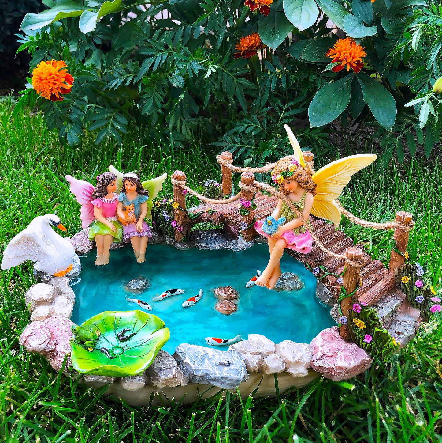 Mood Lab Fairy Garden Figurines - Fish Pond & Bridge - Miniature Decor Set (6 pcs) - Statues & Accessories - Outdoor & Indoor Garden Decor