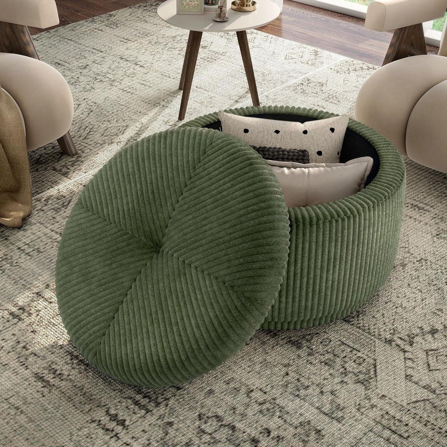 Furniture of America Lennox Modern Chenille 29-inch Round Storage Ottoman with Flip Top, Upholstered Footstool, Circle Coffee Table for Living Room, Bedroom, Entryway, Green