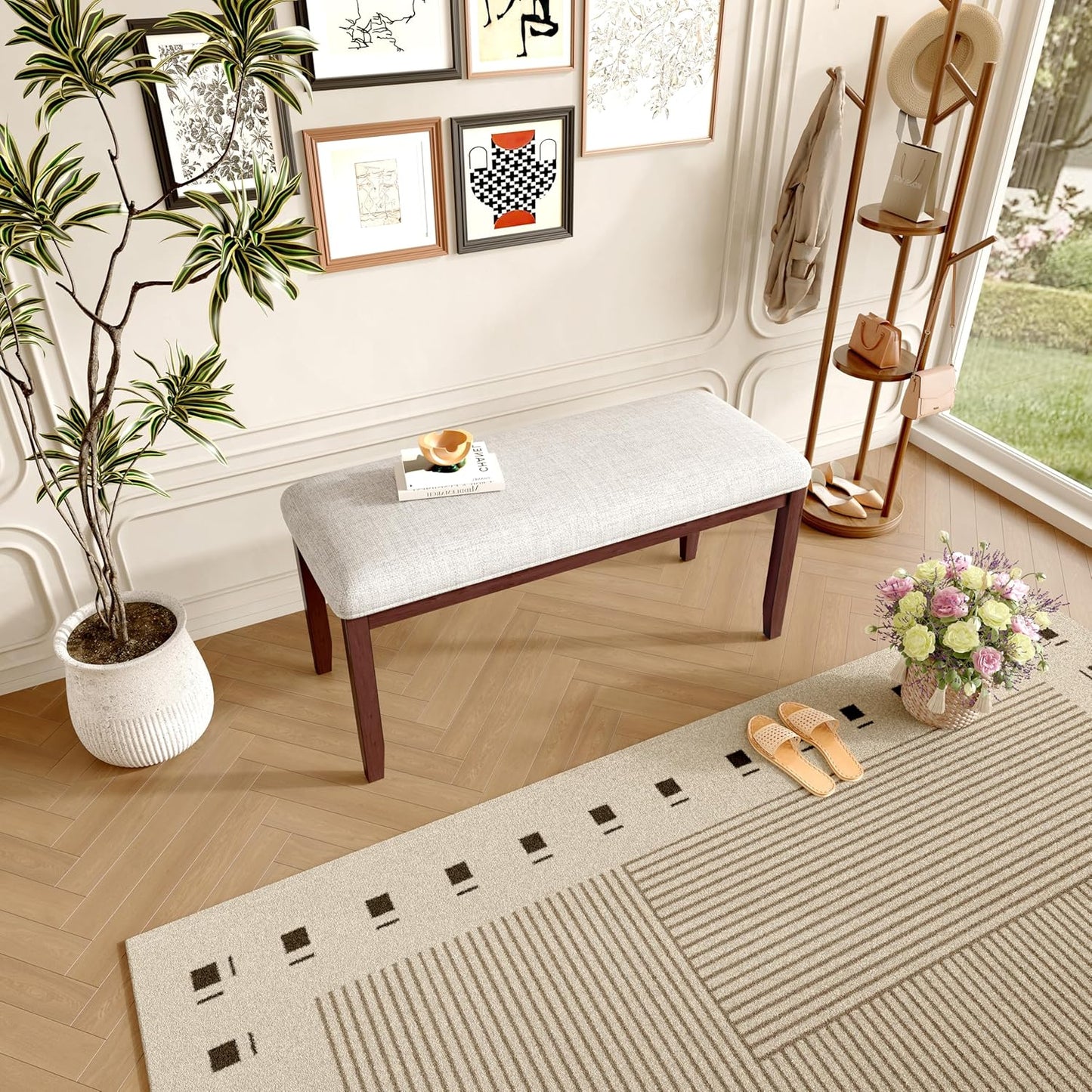 Merax Upholstered Dining Bench, with Padded Seat and Solid Wood Leg for Kitchen Bedroom, Living Room, Indoor, Entryway, Hallway, End of Bed, Cherry+Beige