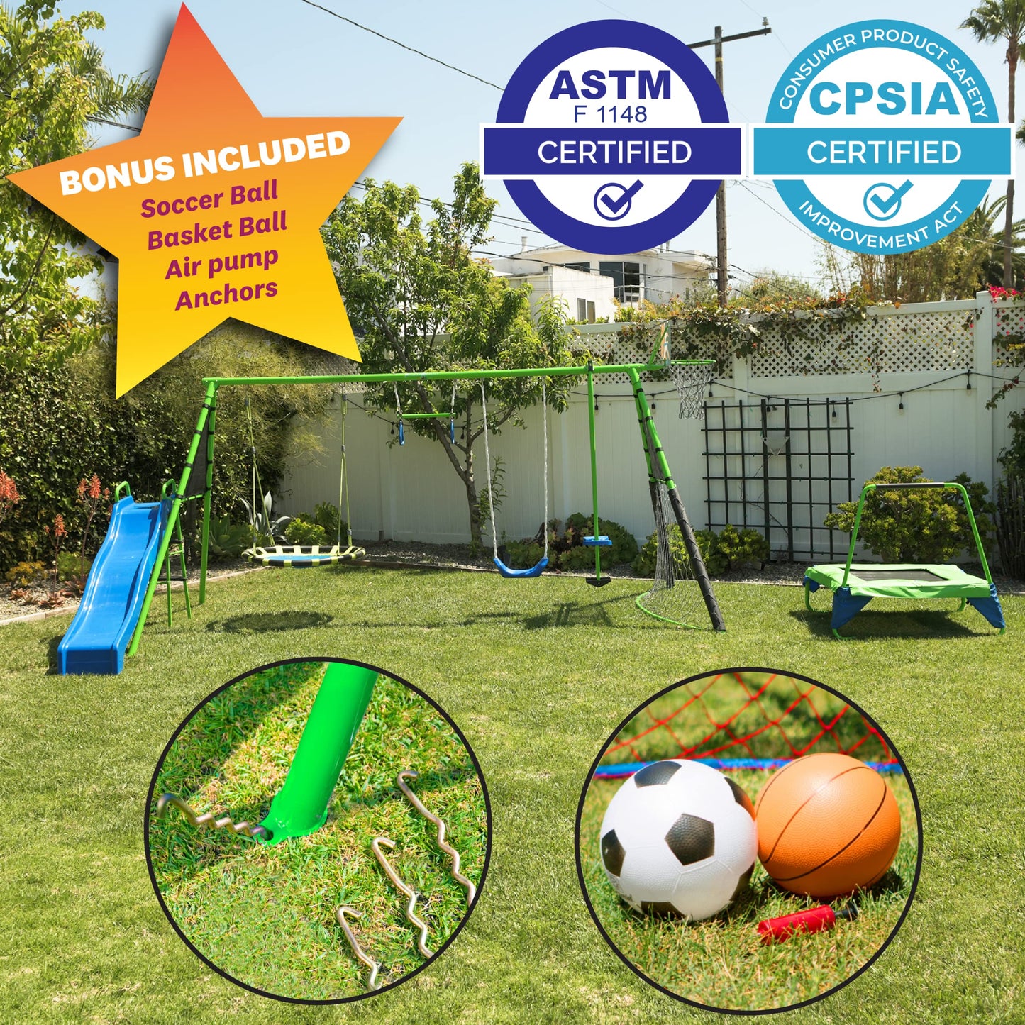 FITNESS REALITY KIDS Sports Outdoor 8 Station Playground Set, Includes Swing Set, Slide, Monkey Bars, Basketball Hoop, Trampoline, Soccer and Basketball + Pump, Green