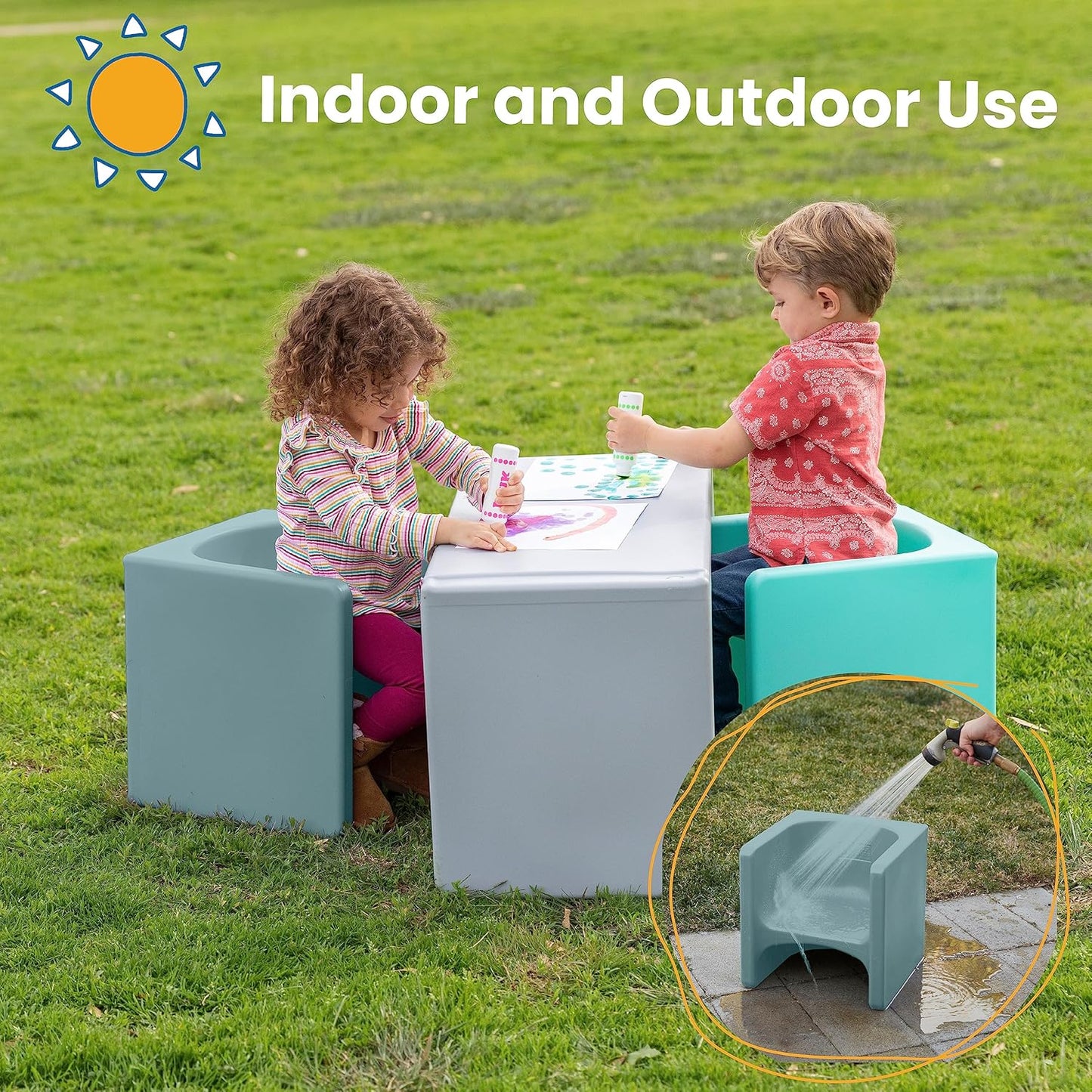 ECR4Kids Tri-Me Table and Cube Chair Set, Multipurpose Furniture, Powder Blue, 3-Piece