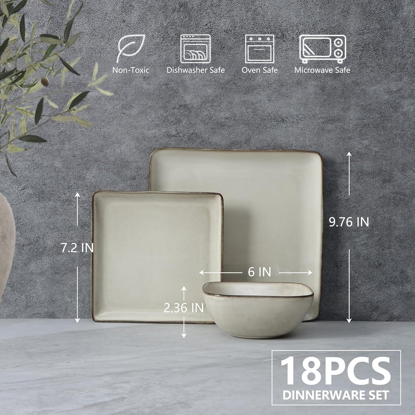 E-far Square plates and bowls Sets for 6, 18-Piece Reactive Glaze Stoneware Dinnerware Sets, Porcelain Dishware Sets for Kitchen Home, Microwave & Dishwasher Safe, Sandy Beige